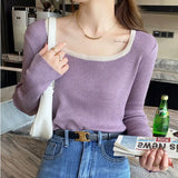 Fongt Versatile Top Retro Square-Neck Long-Sleeve Undershirt With White Loose Sweater Six Wool Sweater-Outfit