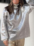 Loose High Neck Knitting 2024 Spring Pure Color Perm Gold Diamond Pattern Jacket Elegant Sweater-Outfit