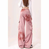 Fongt Mm Plus Pink Dopamine Workwear Jeans Women 2025 Star Print Loose Broad Legs Long Pants