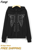 Rhinestone Skeleton Pattern Zip Up Drawstring Thermal Hoodie E-girl Streetwear Diamond Harajuku Jacket New Autumn