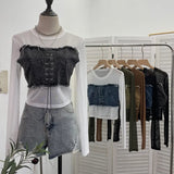 Vintage Babes Cowboy Spliced Tiring Strapped With Long Sleeves Short Mesh T-Shirt