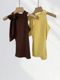 Fongt Lace Cut Shoulder Sleeveless Top Elegant Morde Cotton Sexy Tight Stretch Scarf Collar Vest-Outfit