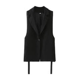 2024 New Vintage Suit Collar Black One Button Cardigan Pure Korean Temperament Commuter Vest-Outfit