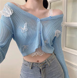 Summer V-neck Short Knitted Sweaters Korean Butterfly Thin Cardigan Long Sleeve Sun Protection Crop Top Ropa