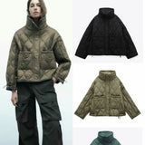 Fongt Style Women's Pocket Decoration Loose Long Sleeve Standing Collar Diamond Thin Cotton Jacket Jacket Women's Style-Outfit