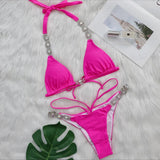Fongt Style Bikini Sexy Crystal Diamond Split Swimsuit Female Solid Color Strap 2023