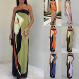 Fongt Spring Dress Women's Fashion Sleeveless Shoulder Stamped Breast Sexy Detender Print Dress