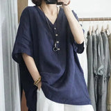 Fongt Version Of Cotton Shirt V Collar Large-Size Leisure Imitation Cotton Lining Jacket Solid Color Short-Sleeved Top Woman