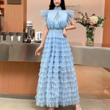 Fongt Niche Elegant Dress Women's High-End Lace Short Sleeves To Show Thin Multi-Layer Pongeist Long Dress