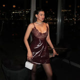 Lace Patchwork Pu Leather Slip Mini Dress-Outfit
