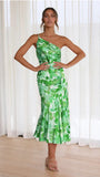 Fongt Summer New Stylish Temperament Diagonal Collar Sling Fishtail Print Dress 23074-Outfit