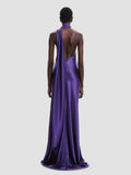 Purple Satin Halter Neck 3D Flower Design Backless Maxi Dress-Outfit