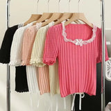Summer New Square Neck Short Sleeve Bubble T-Shirt Slimy White Hottie Design Short