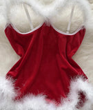 Red Velvet Fur Bodysuit Christmas Lingerie-Outfit