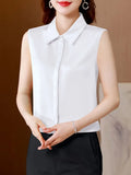 Summer Satin Blouse for Women Polo-Neck Sleeveless Vest Chiffon Shirts OL Womens Tops and Blouses Solid Fashion Ladies