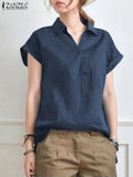 Summer Elegant Lapel Neck Solid Blouse Women Short Sleeve Solid Cotton Tops Casual Loose Blusas OL Work Shirt Oversize 1028-1-Outfit