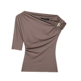 Fongt Women's ZA Explosion New Multi-Color Oblique Shoulder Design Side Top