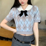 Color Sweet Waist T-Shirt For Women's Summer New College Wind Bows Slim Design Short-Sleeved
