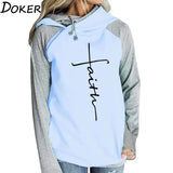 Winter Patchwork Hoodies Sweatshirts Women Faith Cross Embroidered Long Sleeve Sweatshirts Female Warm Pullover