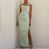 Satin Draped Tube Bodycon Maxi Dress-Outfit