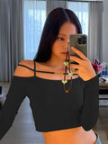 Shirt Long Sleeve Top Off Shoulder Crop Top Chain Hollow Out T-Shirts Yellow Tees Solid Slim Black Streetwear Y2K