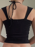 Black Pleated Halter Tank Top with Wooden