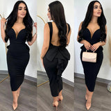 Party Casual Women's Dress Solid Color Hip Wrap Open Back Deep V Bow Elastic Split Ruffle Edge Sling Dress-Outfit