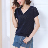 Hollow Out Short Sleeve Knitted Tops 2023 Thin V Neck Loose Pullovers Sweaters Women Jumpers Womens Clothing Sweter