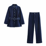 Fongt For Women's INS Burst Belt Collar Denim Jacket + Trousers Set