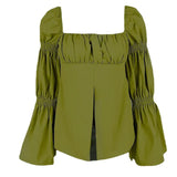Fongt Autumn New Sweet French Square Collar Pleated Horn Sleeve Design Sense Top Women's
