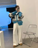 Deer Jacquard Hooded Knitting Zipper Cardigan-Outfit