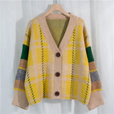 New 2020 Autumn Winter Women's Sweaters V-Neck Buttons Cardigans Checkered Knitted Oversize Vintage Tops