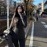 Fongt Retro Black Hooded Long-Sleeved Knitted Shirt Micro-Sleeves Friserie Women Autumn And Winter Slimming Two Sets
