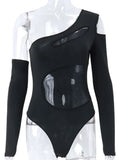 Sleeve Bodysuit Hollow Out Bodysuit Women Y2K Clothes Irregular Patchwork Mesh Body Solid Skinny Streetwear Black