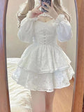 Kawaii Lolita Dress Women Elegant Sweet Lace Ruffles White Strap Dresses Sexy Korean Fashion Birthday Party Fairy Dress-Outfit