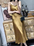 Summer New High-Grade Silk Surface Acetic Acid Temperament Long Suspender Dress V-Collar Pleated Gas Skirt-Outfit