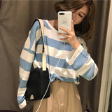 women long sleeve t-shirts korean oversized stripe t shirt autumn ulzzang kawaii pink blue black basic tee casual