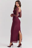 Burgundy Sheer Long Sleeve Bodycon Maxi Dress-Outfit