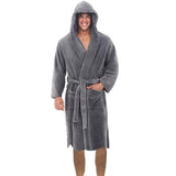 Men's Plush Nightwear Hooded Pajamas Robe Lengthened Shawl Flannel Bathrobe Home Clothes Long Sleeved Robe Soft Warm Kimono Robe-Outfit