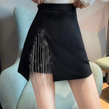 Black Side Split Rhinestone Fringe Mini Skirt-Outfit