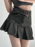 Buckle Belt Pleated Denim Mini Skirt-Outfit
