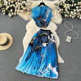 Blooming Printed Skirt Suit Women's New Thread Temperament Half-high Collar Top + Pleated Skirt Two-piece Set-Outfit