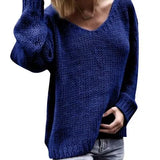 Solid Color Knitted Sweater V Neck Long Sleeve