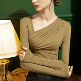 Collar Folds T-shirts Girls Long Sleeve High Stretch Modal Slim Tshirts Tops For Woman 2023 Autumn-Outfit
