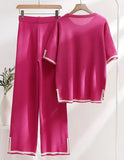 Fongt Fashion Suit Temperament Bumpy Open Fork Short-Sleeved Knit Shirt High Waist Thin Leg Trousers Two Sets