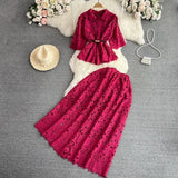 Fongt Luxury Retro Temperament Female Short-Sleeved Single Buckle Shirt High-Rise Half-Dress Two Sets Of Lace Fashion Set