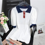 New 2022 Chic Korean Fashion Knitted Pullover Polo Collar Women Spring Summer Vintage Elegant Wild Lady Top