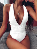 Solid Red One Piece Swimsuit Women Push Up Lace Up Bandage Bodysuit Brazilian Deep V Neck Backless Bathing Suit