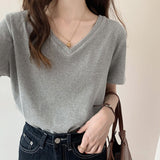 Summer New Threaded Pure Color Short-Sleeved Knitted V-Collar T-Shirt Design Feeling Bottomed