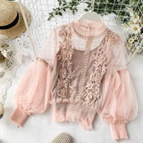 Sheer Lace Lantern Sleeve 3D Floral Elegant